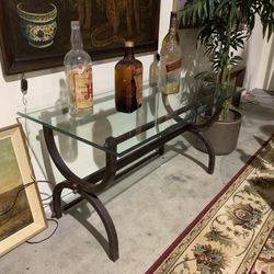 Glass Top Rectangle Console/Entry Table with Waterfall Edge & Metal Base - See measurements
