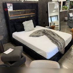 Black  / Beige / Gray Queen  , King Size Bed Frame  - No Heater on Fireplace - Flame Box Display Only