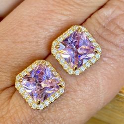 Brand New Fancy Gold Tone Pink Asscher Cut Zircon Stone Earrings