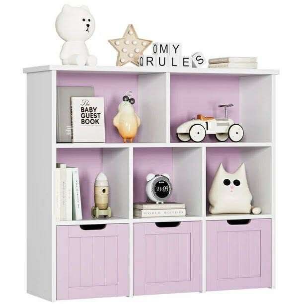 Toy Storage Organizer with 3 Movable Drawers, 5 Cube Bookcase for Playroom, Storage Cabinet , Pinkish Purple Finish