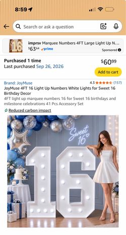 JoyMuse 4FT 16 Light Up Numbers White Lights for Sweet 16 Birthday Decor