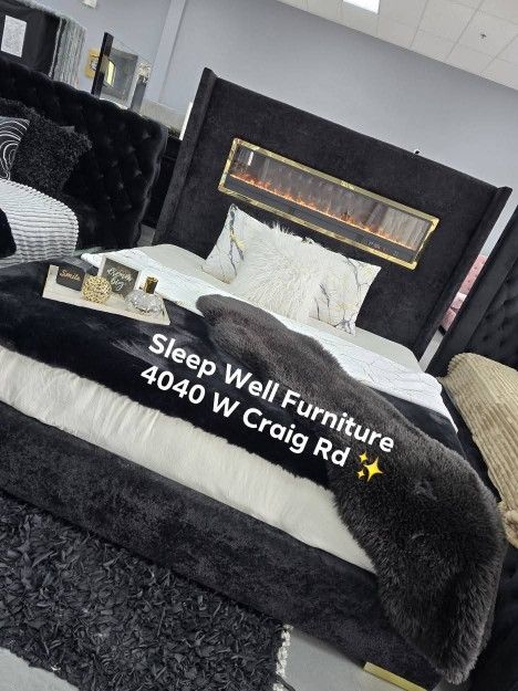 🙋♂️ Queen Light Up Fireplace-Bed-frame👉 -Furniture💲SALE