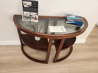 Demilune Console Table w/ Beveled Glass Top & Lower Shelves