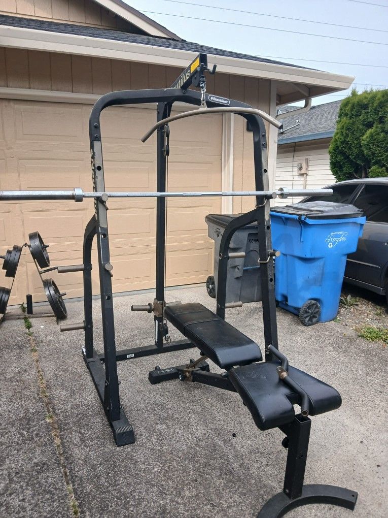 Nautilus Squad Rack With Olympic Weights, Adjustable Bench, barbell and weights tree