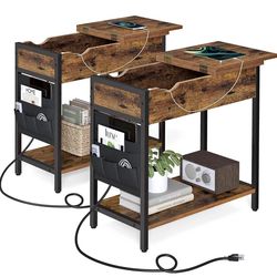 Side Tables with Storage, Set of 2 End Tables with USB Ports and Outlets, Nightstands with Charging Stations, Fabric Bags, for Living Room, Bedroom, R