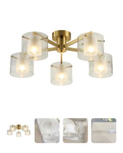 breomo 5-Light Modern Ceiling Light Fixture, with Double Clear Glass Shades, Gold Semi Flush Mount Ceiling Light, Kitchen Chandeliers for Living Rooms