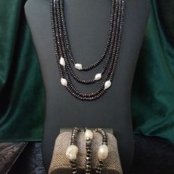 Faceted Hematite with Fresh Water Pearls & Sterling Silver Necklace And Bracelet Set
