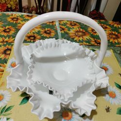Antique Milk Glass Basket And Bowl