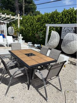 Outdoor Patio Aluminum Table with 6 Aluminum Stackable NEW Chairs