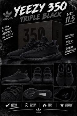 Adidas Yeezy Boost 350 Triple Black Size 11.5 WITH BOX