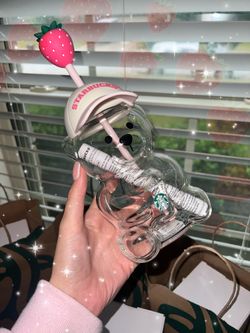 New Starbucks Bearista Bear Glass Tumbler w/ Strawberry Straw Topper Pink Drink