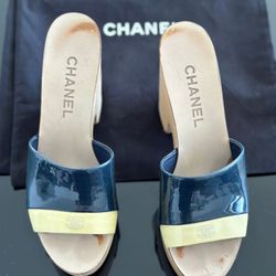 Chanel Marin Wooden Platform Navy/Vanilla Patent Mule Sandal