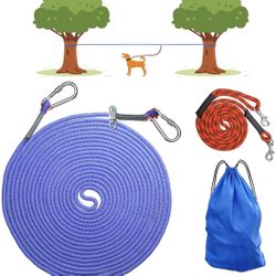 Dog Tie Cable for Camping, No Need to Install Tools, with A 50ft Portable Overhead Trolley System, System with 6.5ft Dog Runner Cabl , Tether Can Hold
