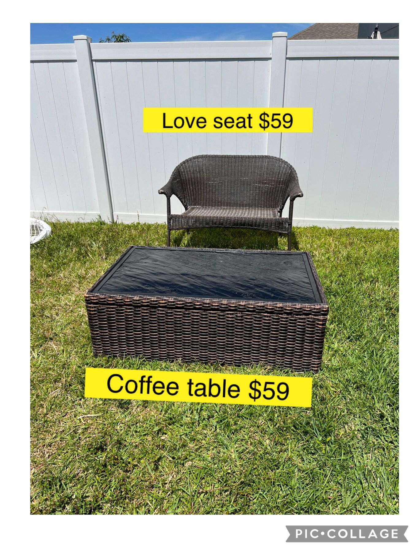 Outdoors patio bench, love seat $59, rectangle coffee table$59 or both $99 / banca exterior y mesa