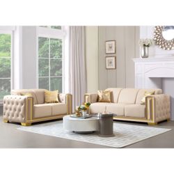 Cream Faux Leather Fabric With Gold Trim Sofa Love Seat Brand New In Box Firm Price $1,200