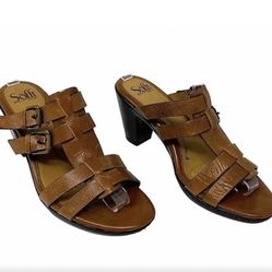 Sofft Brown Leather Buckle Sandal Heels 