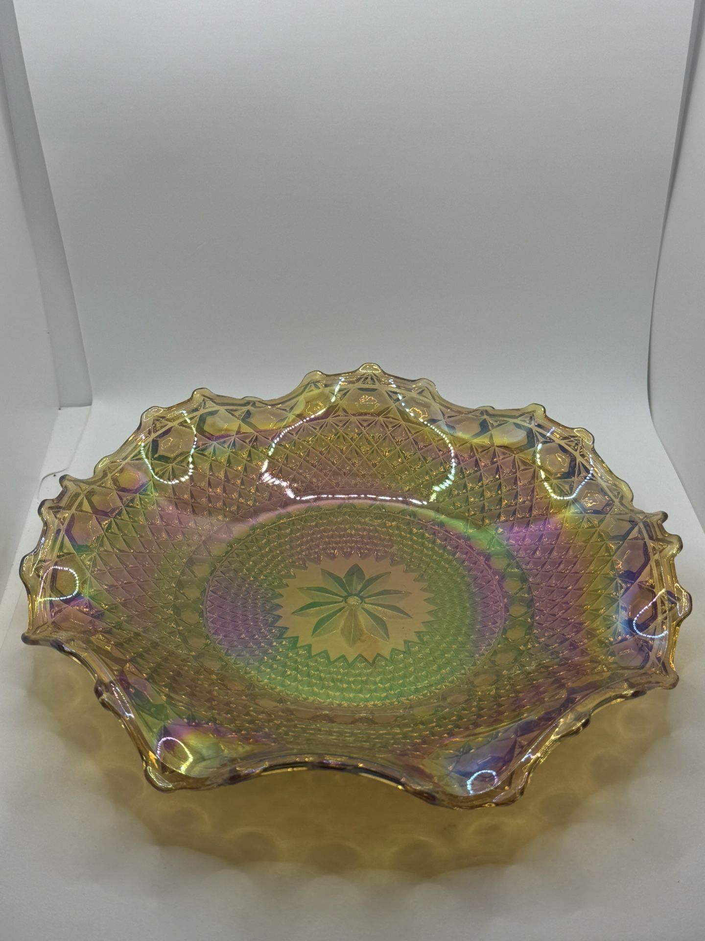 Vintage Indiana Glass Co. Carnival Iridescent Harvest Gold Bowl 10”