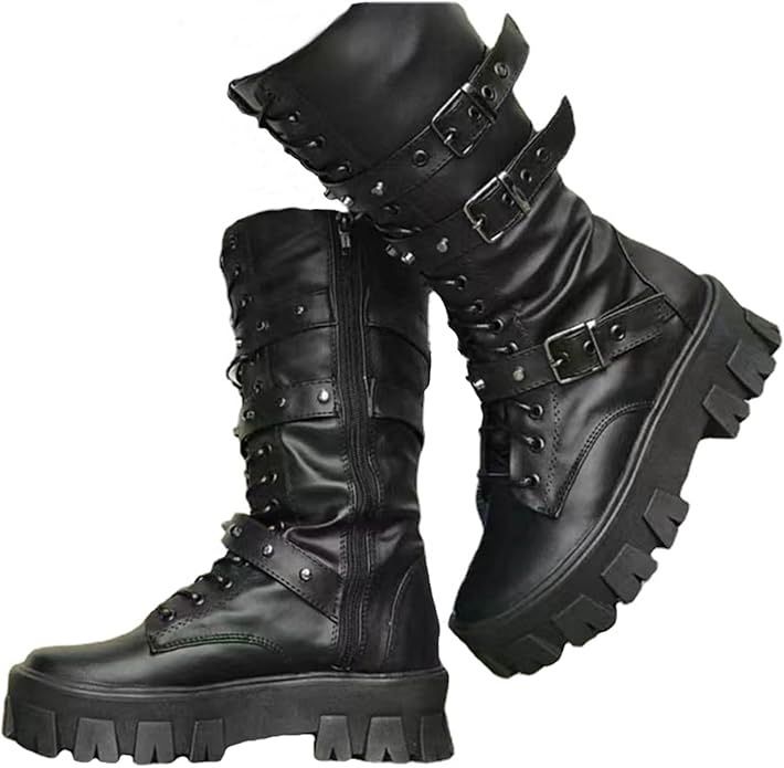Botines góticos para mujer, de tacón alto grueso, botas de media pantorrilla, con cremallera lateral - SIZE 43
