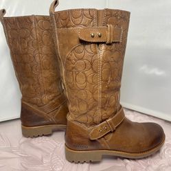COACH “VIRGINIA” Iconic Logo Brown Leather Embossed Monogram Riding Moto  Boots