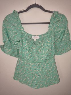 Love & Piece Mint Floral Puff Sleeve Tie Back Peplum Blouse Size S