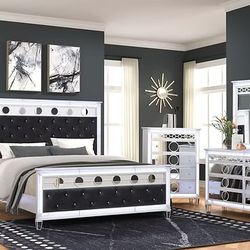 New Mirrored Bedroom Set- LED Lights, Bluetooth Speaker, Diamond Tufted-Flexible Finance Options Available.