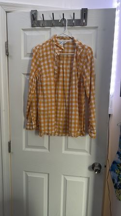 Old Navy Yellow Gingham Long Sleeve Blouse – Ruffle Neck Cottagecore Top