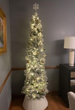 7ft Ultra Slim Flocked Brewster Pine Pre-Lit Christmas Tree