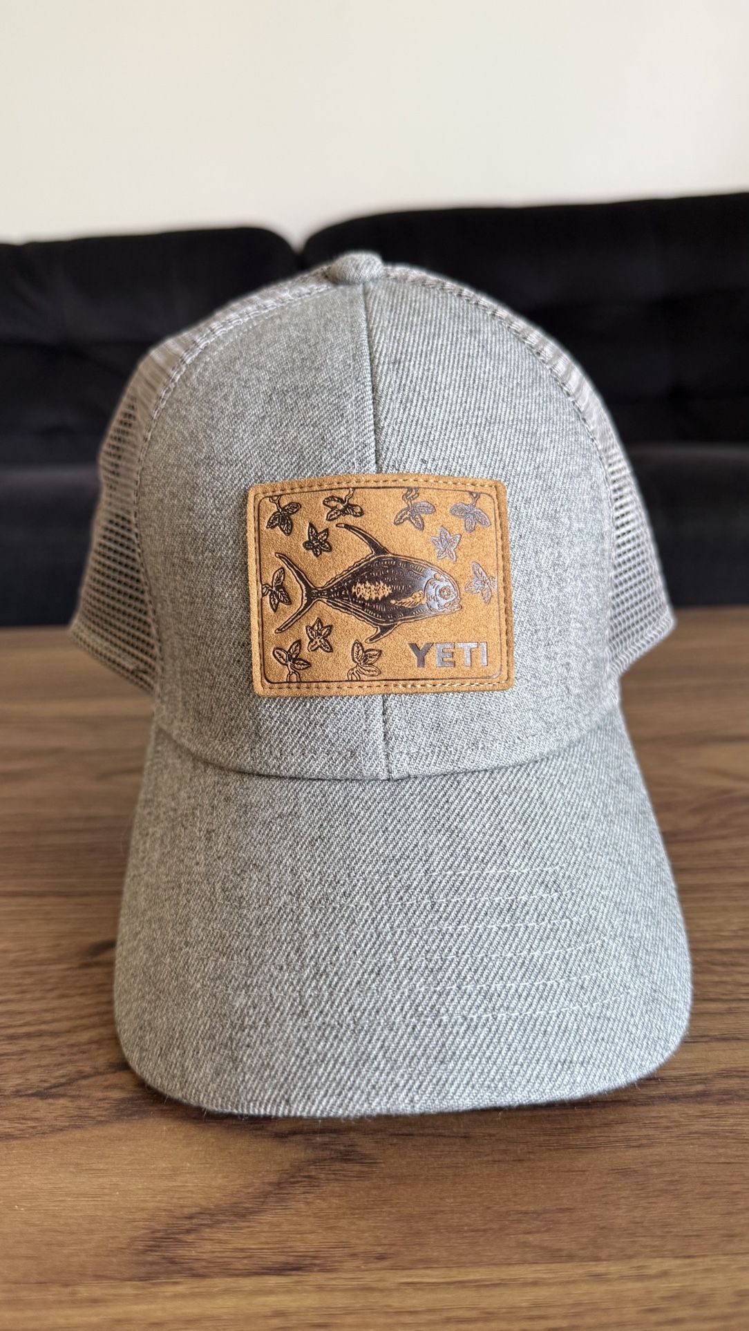 YETI Coolers Trucker Hat Fly Fishing Leather Patch Gray Mesh Snapback Cap