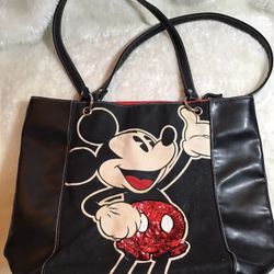 Disney Mickey Mouse Tote Bag Black Faux Leather With Red Sequins 