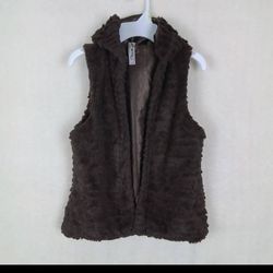 Girl's Faux Fur Sleeveless Open Front Hoodie Size 10/12 in Brown
