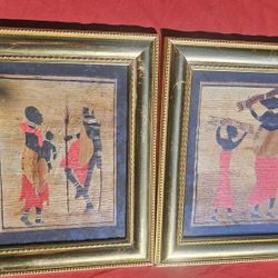 Pair of 18" Vintage East African Banana Fiber Collage Art - Framed Maasai / Tribal Figures