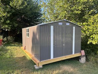 10x14 FT Outdoor Metal Storage Shed, Durable Garden Shed with Three Lockable Doors and Clear Window for Backyard, Patio, Garden, All-Weather Shelter f