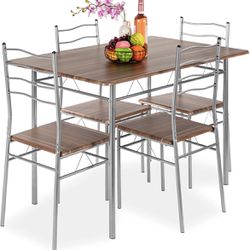 Best Choice Products 5-Piece 4ft Modern Wooden Kitchen Table Dining Set w/Metal Legs, 4 Chairs - Brown/Silver