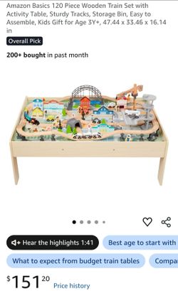 Amazon Basics 120 Piece Wooden Train Set with Activity Table