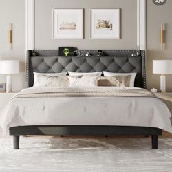 New King Bed Frame w/ USB & Storage Headboard – Dark Grey
