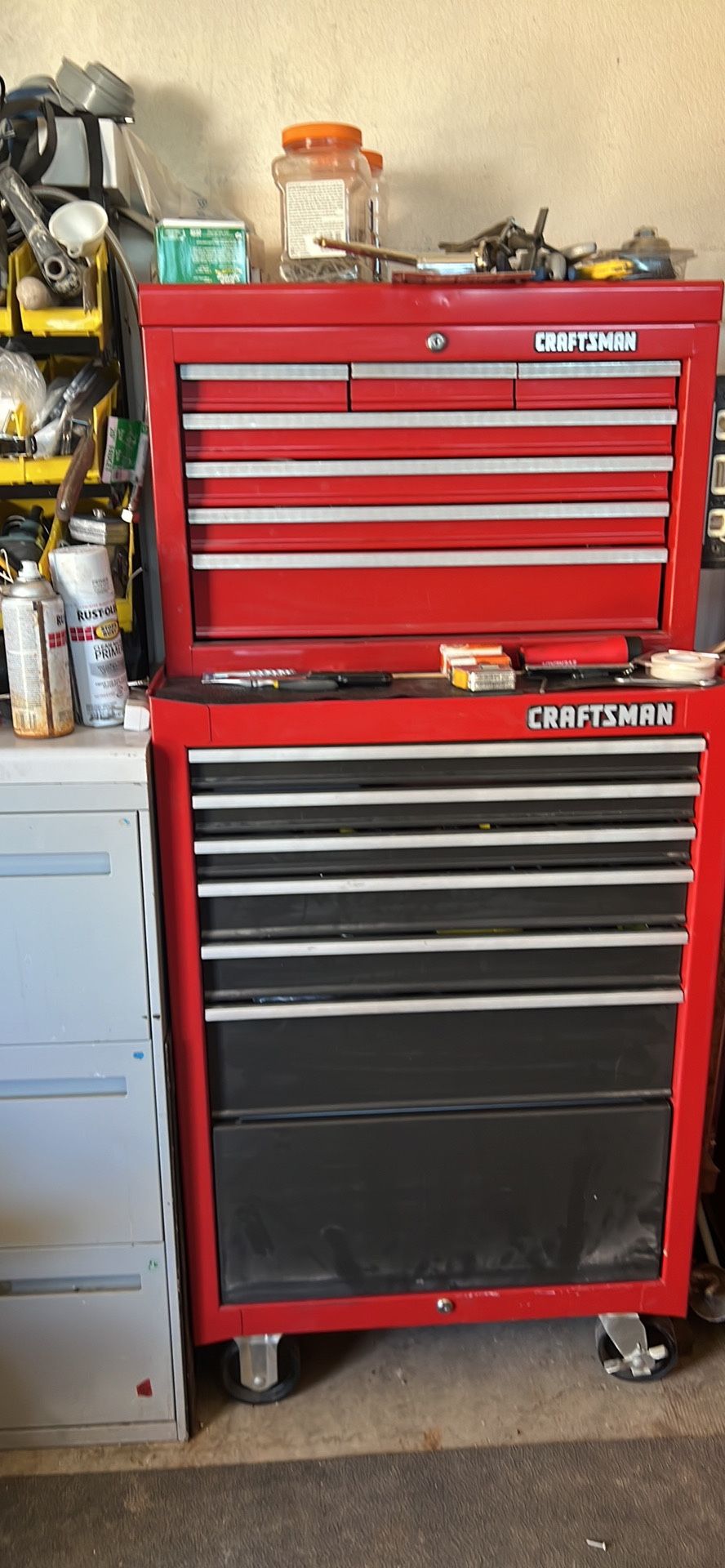 Vintage Craftsman 7 Drawer Upper 6 Drawer Lower with Compartment on Casters with Keys