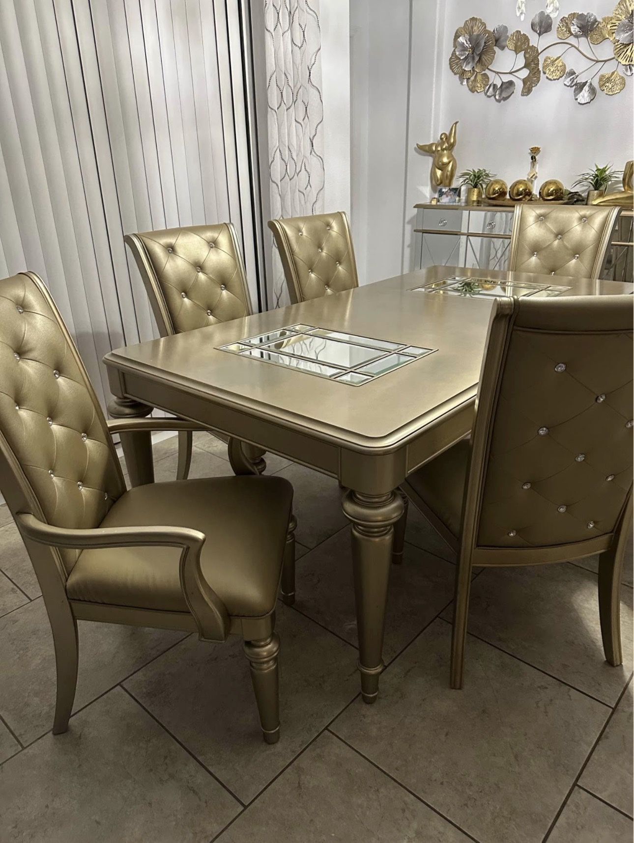 6 Chairs Fancy Dining Room Table, Faux Leather, Gold Matte Color