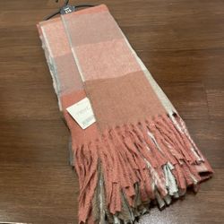 Next Pink Gray Plaid Scarf with Fringe