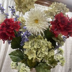 Large Beautiful Silk Flowers With Vase 27” High 