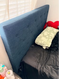 Queen Upholstered Bed Frame Blue .