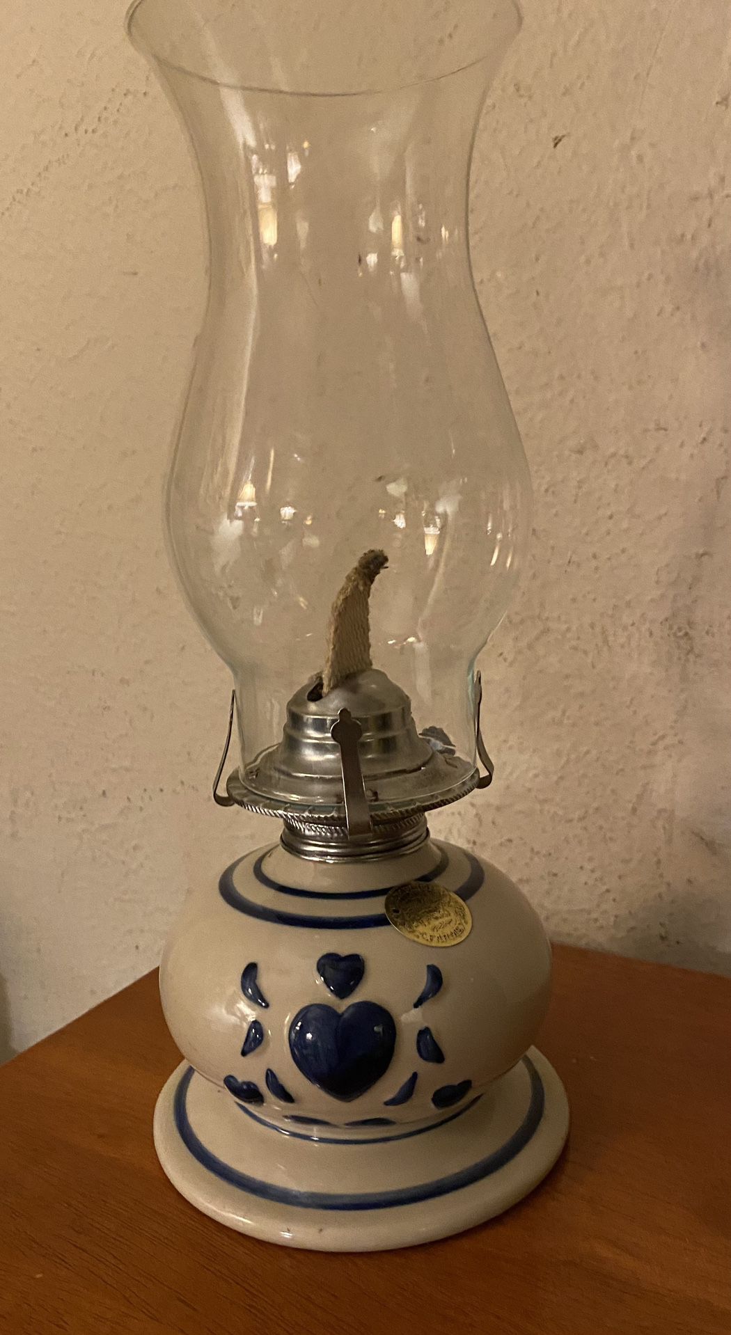 Vintage Lamplight Farms Blue Heart Ceramic Hurricane Kerosene Lamp