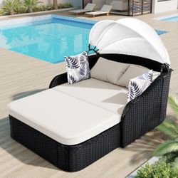 80" Outdoor Black Wicker Sunbed / Daybed / Chaiser Lounge w/ Adjustable Canopy  & Beige Cushions [NEW] **Assembly Req**