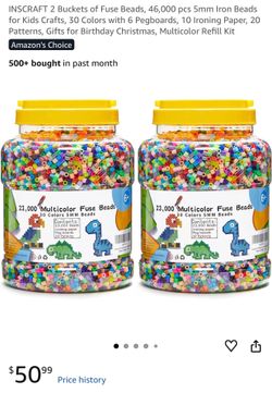 INSCRAFT 2 Buckets of Fuse Beads, 46,000 pcs 5mm Iron Beads for Kids Crafts, 30 Colors with 6 Pegboards, 10 Ironing Paper, 20 Patterns, Gifts for Birt