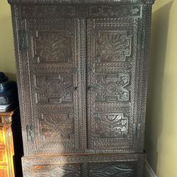 oak two tiered armoire with lock & key