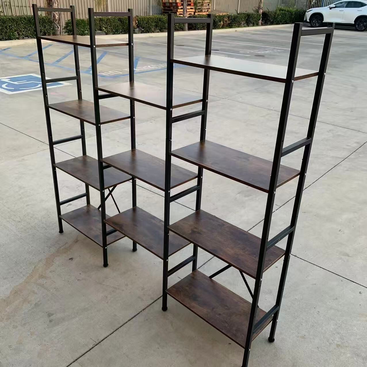 New In Box 60x10x56 Inch Height 4 Tier Bookshelf Display Triple Shelf Rack Steel Frame Rustic Brown Laminate Cab Separate Shelves