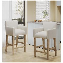 26" Fabric Upholstered Wood Stool with Backrest and Armrests- Beige