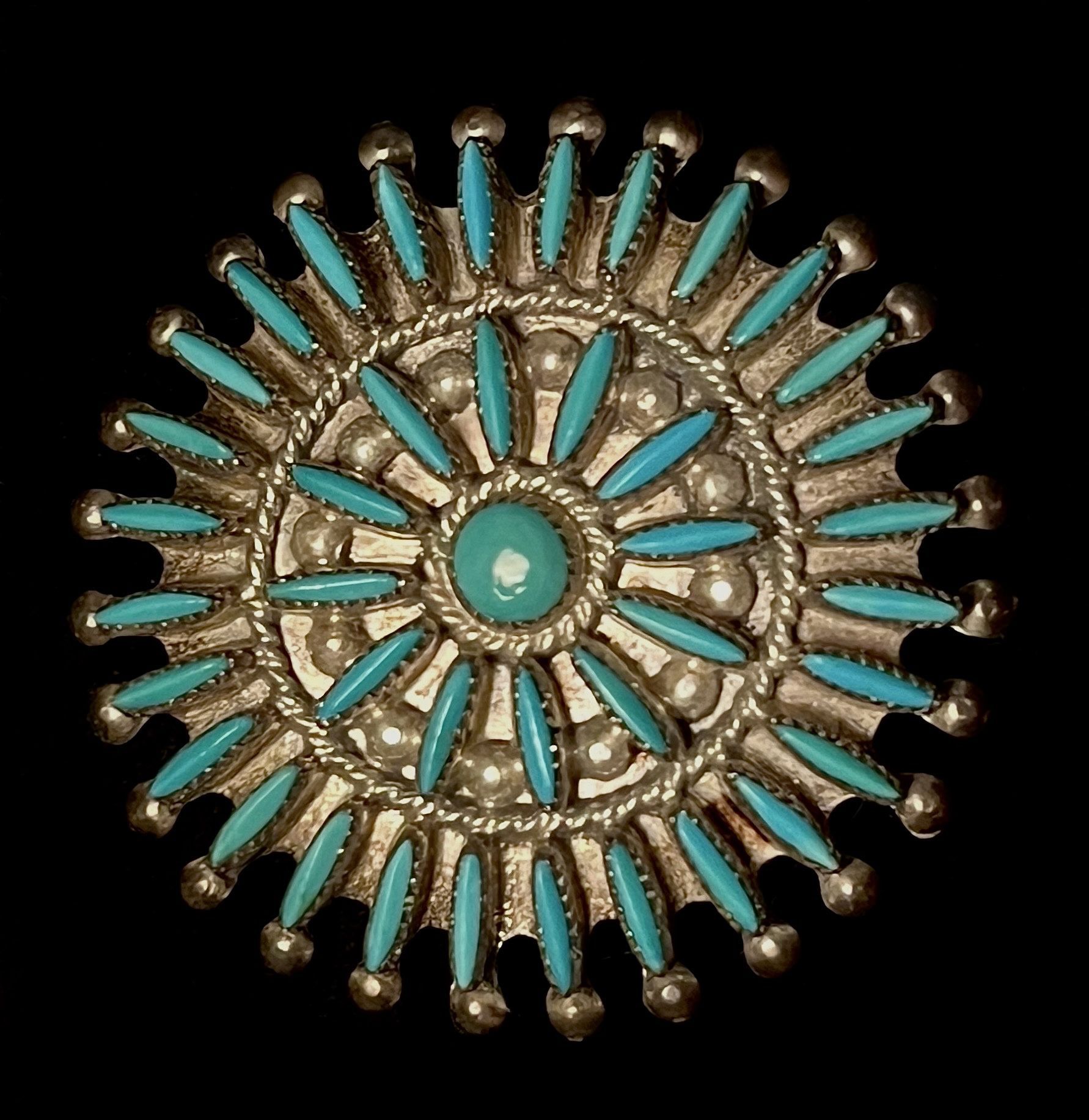 Vintage Zuni Pin/necklace—Sterling Silver & natural turquoise , Petit Point 