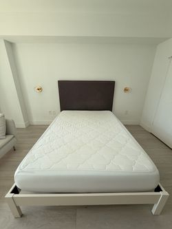 Simple Bed Frame + Nailhead Upholstered Headboard (West Elm) + Mattress