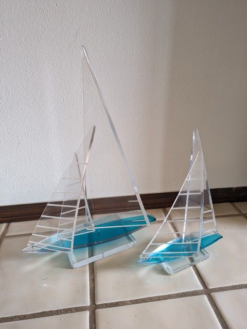 Michael George Signed Acrylic Sail Boats 14" & 20" Vintage 