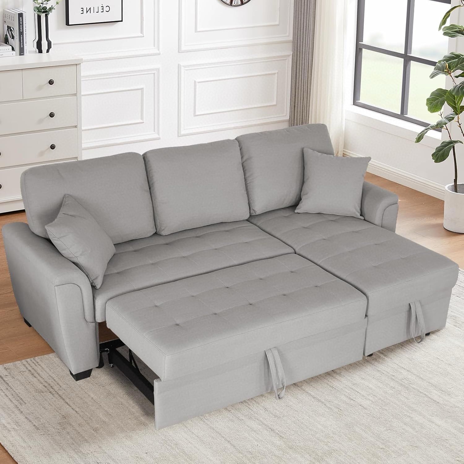 Gray Reversible Sectional Sofa Couch, Light Grey Convertible Pull Out Bed Sleeper Sofa with Storage Chaise Lounge